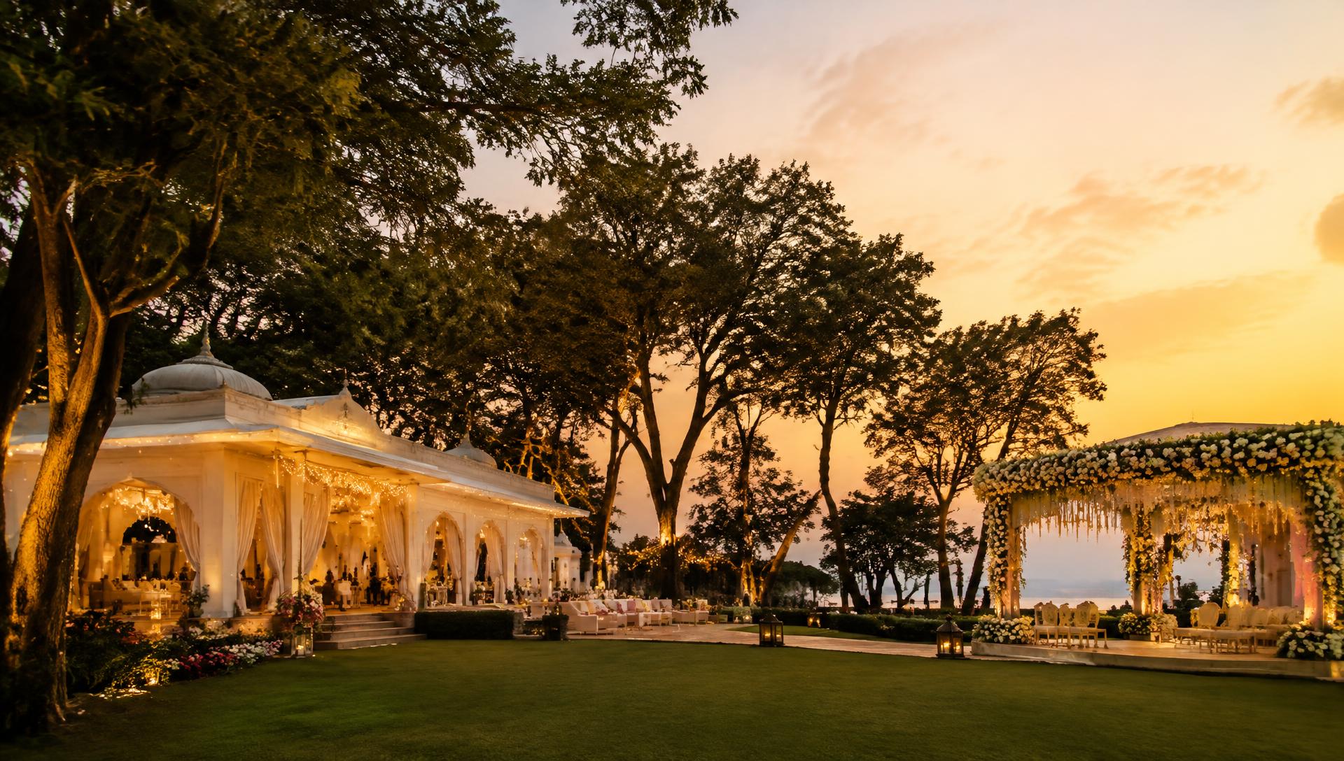 Vintara celebration lawn and pavilion at dusk