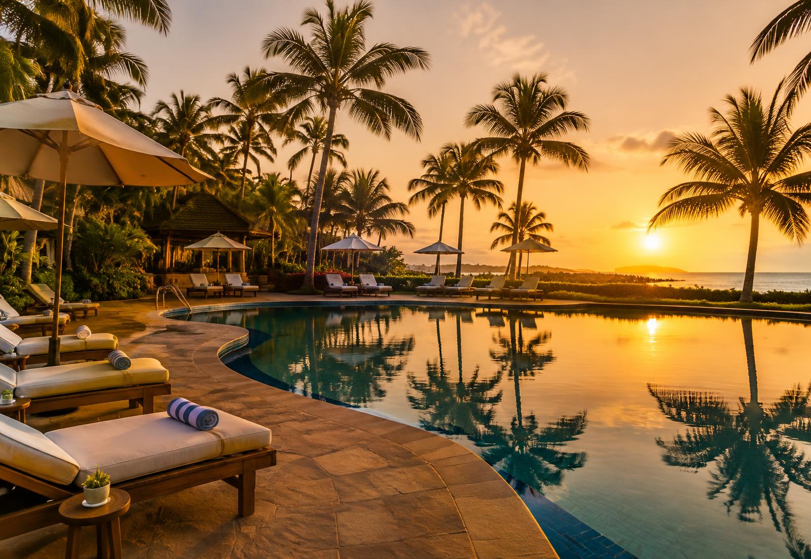 Vintara pool and gardens at sunset